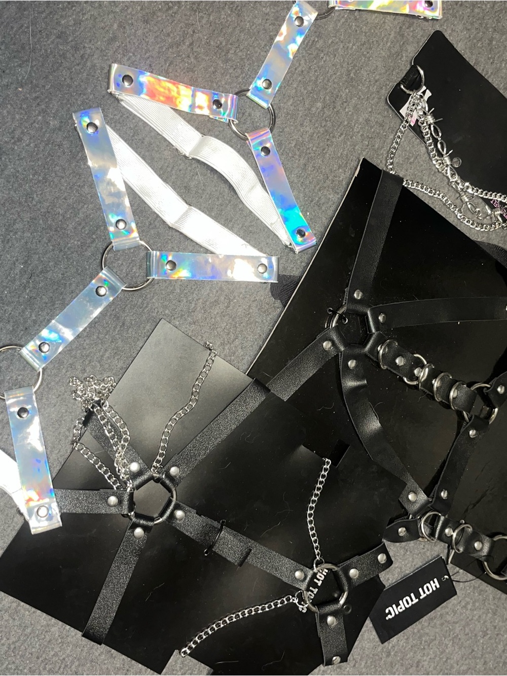 Hot Topic Black and Holographic PU Leather bralette Harness Set